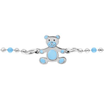 Bracelet en argent rhodié chaîne boules avecs ourson bleu 13+3cm