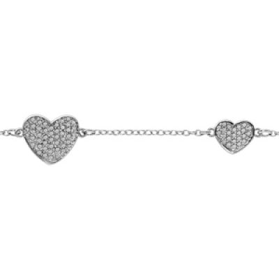 Bracelet en argent rhodié chaîne avec 3 coeurs pavés d'xydes blancs sertis - longueur 16cm + 2cm de rallonge