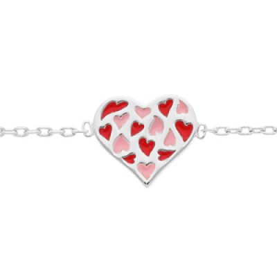 Bracelet en argent rhodié chaîne avec coeur rose et rouge 18cm réglable 16