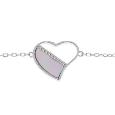 Bracelet en argent rhodié chaîne avec coeur et Nacre véritable 16+3cm