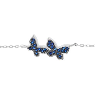 Bracelet en argent rhodié chaîne avec 2 papillons oxydes bleu foncé 16+3cm