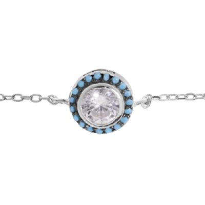Bracelet en argent rhodié chaîne avec oxyde blanc serti et contour perlé bleu 16+3cm