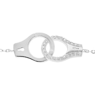 Bracelet en argent rhodié massif chaîne avec menottes et oxydes blancs 16+3cm
