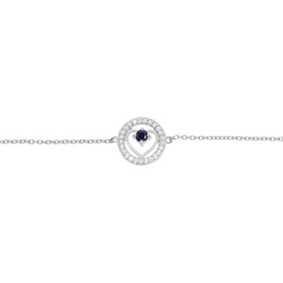 Bracelet en argent rhodié chaîne avec coeur Saphir véritable et contour Topaze blanche 16+3cm