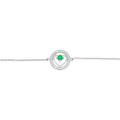 Bracelet en argent rhodié chaîne avec coeur Emeraude véritable et contour Topaze blanche 16+3cm