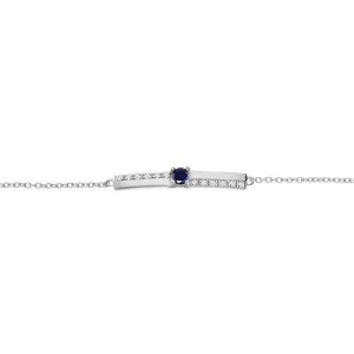 Bracelet en argent rhodié chaîne avec barrette Saphir véritable et Topazes blanches 16+3cm