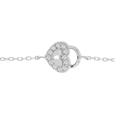 Bracelet en argent rhodié chaîne avec cadenas forme coeur et oxydes blancs sertis 16+3cm