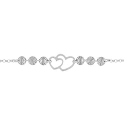 Bracelet en argent rhodié chaîne avec double coeur et pastilles diamantées 16+3cm