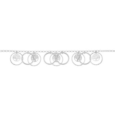 Bracelet en argent rhodié chaîne avec avec pampilles multi cercles et arbre de vie 17+3cm
