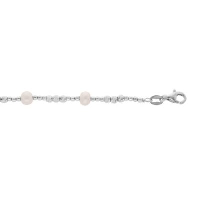 Bracelet en argent rhodié chaîne boules diamantées avec perles de culture d'eau douce blanches 18+2