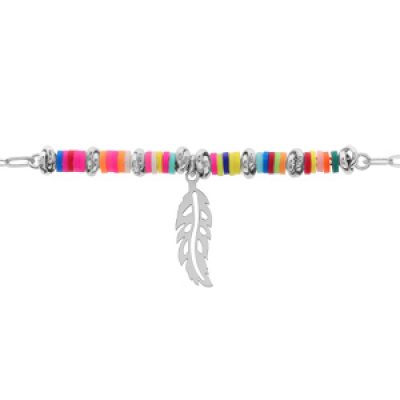 Bracelet en argent rhodié chaîne avec cocktail couleurs et pampille plume 16+3cm