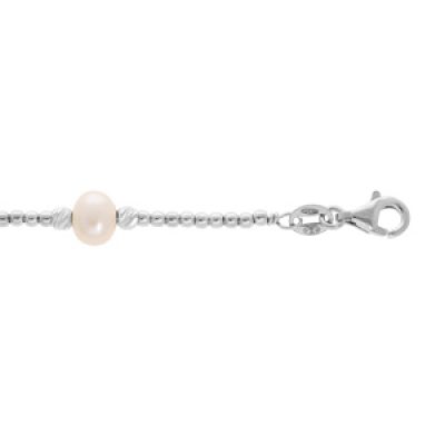 Bracelet en argent rhodié boules diamantées et  perles de culture d'eau douce blanches 18+2