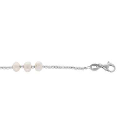 Bracelet en argent rhodié boules avec perles de culture d'eau douce blanches 18+3cm