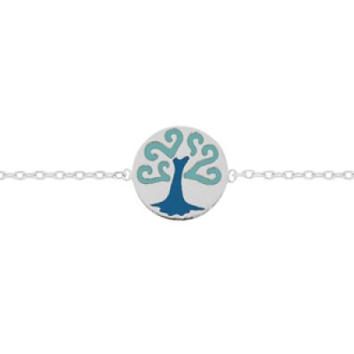 Bracelet en argent rhodié chaîne avec rond rbre de vie bleu 17
