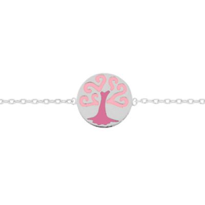Bracelet en argent rhodié chaîne avec rond arbre de vie rose 17