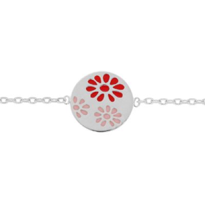 Bracelet en argent rhodié chaîne avec pastille motif fleur rouge et rose 18cm réglable 16