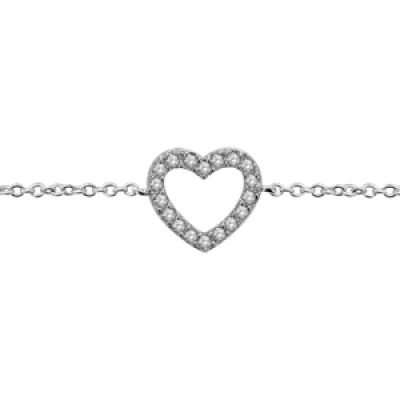 Bracelet en argent rhodié chaîne avec coeur épais ajouré orné d'oxydes blancs - longueur 15