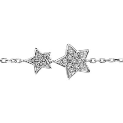 Bracelet en argent rhodié chaîne avec 2 étoiles pavées d'oxydes blancs au milieu - longueur 16cm + 1