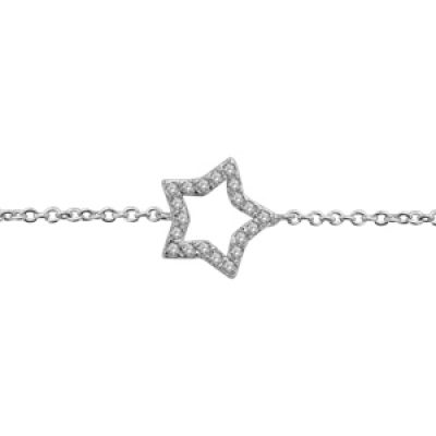 Bracelet en argent rhodié chaîne avec étoile ajourée ornée d'oxydes blancs au milieu - longeur 16cm + 2cm de rallonge