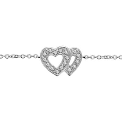 Bracelet en argent rhodié chaîne avec au milieu 2 coeurs superposés évidés et ornés d'oxydes blancs sertis - longueur 16cm + 2cm de rallonge