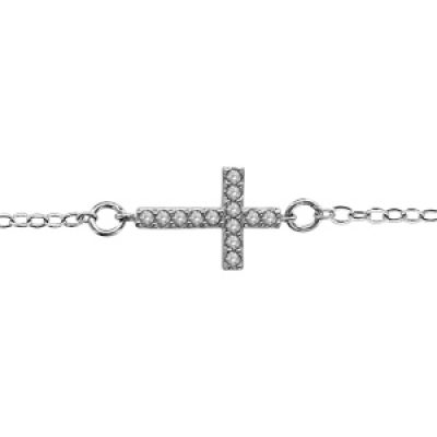 Bracelet en argent rhodié chaîne avec croix ornée d'oxydes blancs sertis au milieu - longueur 16cm + 2cm de rallonge