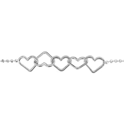 Bracelet en argent chaîne boules avec 5 coeurs emmaillés au milieu - longueur 18cm