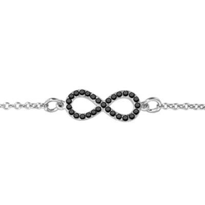 Bracelet en argent rhodié chaîne avec petit symbole infini orné d'oxydes noirs au milieu - longueur 16cm + 2cm de rallonge