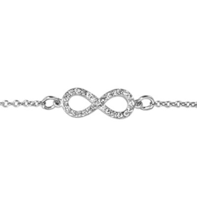 Bracelet en argent rhodié chaîne avec petit symbole infini orné d'oxydes blancs au milieu - longueur 16cm + 2cm de rallonge