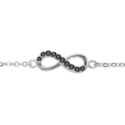Bracelet en argent rhodié chaîne avec au milieu symbole infini avec moitié ornée d'oxydes noirs et l'autre lisse - longueur 16cm + 2cm de rallonge