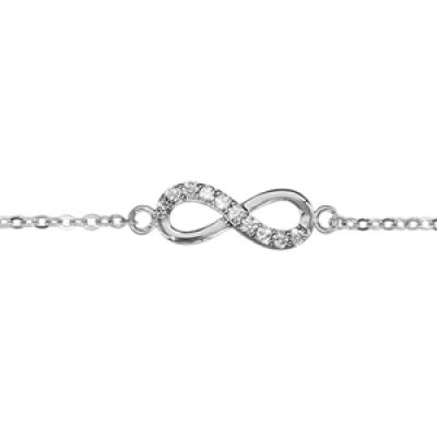 Bracelet en argent rhodié chaîne avec au milieu symbole infini avec moitié ornée d'oxydes blancs et l'autre lisse - longueur 16cm + 2cm de rallonge