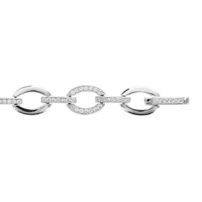 Bracelet en argent rhodié alternance de maillons ovales lisses et de mailles ovales ornés d'oxydes sertis et séparés par barrettes ornées d'oxydes blancs - longueur 19cm
