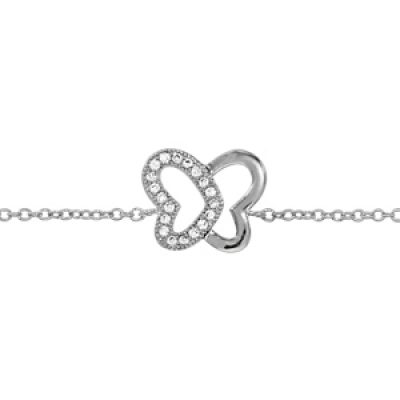 Bracelet en argent rhodié chaîne avec au milieu 1 papillon ajouré avec 1 moitié lisse et l'autre ornée d'oxydes blancs sertis - longueur 16cm + 2cm de rallonge