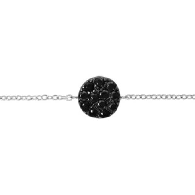 Bracelet en argent rhodié chaîne avec au milieu rond pavé d'oxydes noirs sertis - longueur 16cm + 2cm de rallonge