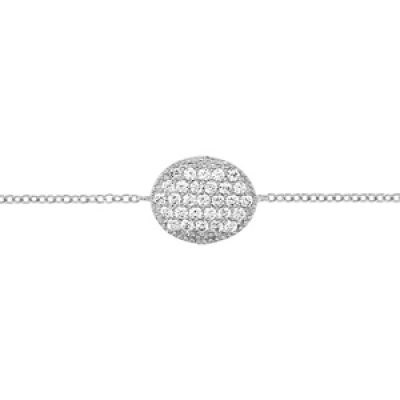 Bracelet en argent rhodié chaîne avec ovale pavé d'oxydes blancs sertis au milieu - longueur 16cm + 2cm de rallonge