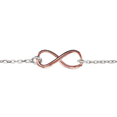 Bracelet en argent rhodié chaîne avec symbole infini en fil lisse doré rose au milieu - longueur 16cm + 3cm de rallonge