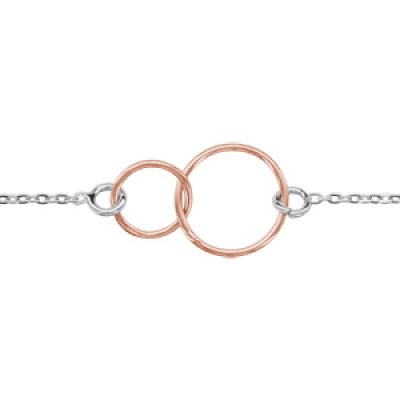 Bracelet en argent rhodié chaîne avec 2 anneaux dorés roses emmaillés au milieu - longueur 16cm + 3cm de rallonge
