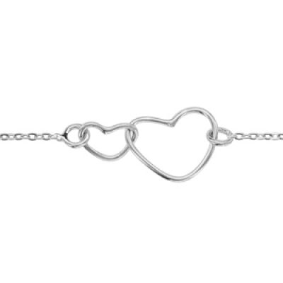 Bracelet en argent rhodié chaîne avec 2 coeurs emmaillés au milieu - longueur 16cm + 3cm de rallonge