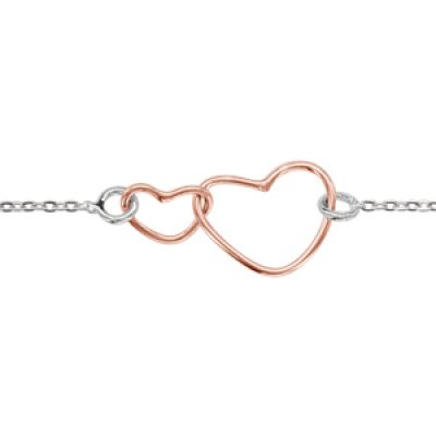Bracelet en argent rhodié chaîne avec 2 coeurs dorés roses emmaillés au milieu - longueur 16cm + 3cm de rallonge