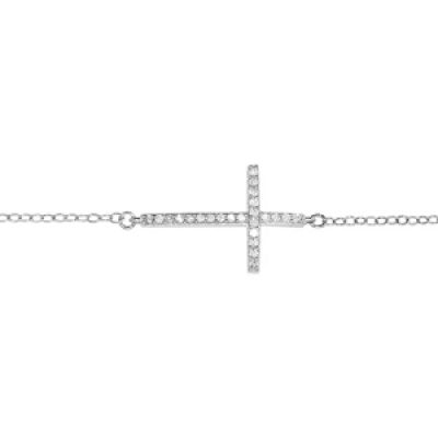 Bracelet en argent rhodié chaîne avec au milieu 1 grande croix chrétienne ornée d'oxydes blancs sertis - longueur 16cm + 2cm de rallonge