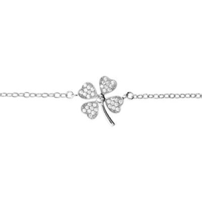 Bracelet en argent rhodié chaîne avec au milieu trèfle à 4 feuilles orné d'oxydes blancs sertis - longueur 16cm + 2cm de rallonge