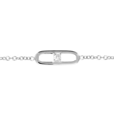 Bracelet en argent rhodié chaîne avec au milieu anneau ovale long avec 1 oxyde blanc serti au milieu - longueur 16cm + 3cm de rallonge