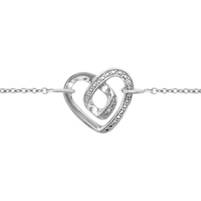 Bracelet en argent rhodié chaîne avec brin formant 1 coeur avec 1 boucle à l'intérieur et orné d'oxydes blancs - longueur 18cm + 2cm de rallonge