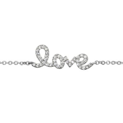 Bracelet en argent rhodié chaîne avec "love" orné d'oxydes blancs sertis au milieu - longueur 16cm + 2cm de rallonge