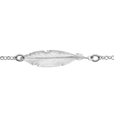 Bracelet en argent rhodié chaîne avec 1 plume au milieu - longueur 16cm + 3cm de rallonge