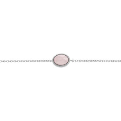 Bracelet argent rhodié chaîne avec pierre Quartz rose véritable au contour perlé 16+2cm