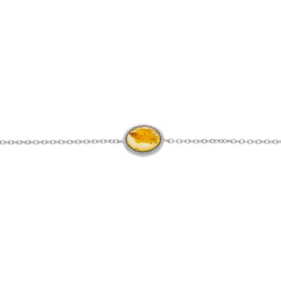 Bracelet argent rhodié chaîne avec pierre Ambre véritable au contour perlé 16+2cm