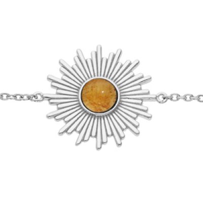 Bracelet en argent rhodié chaîne avec soleil et Ambre véritable 16+2cm