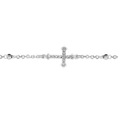 Bracelet en argent rhodié chaîne avec boules et 1 croix couchée ornée d'oxydes blancs - longueur 16cm + 3cm de rallonge
