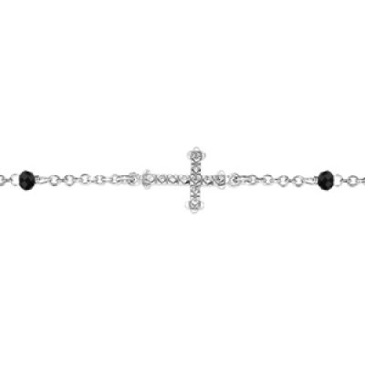 Bracelet en argent rhodié chaîne avec oxydes noirs et 1 croix couchée ornée d'oxydes blancs - longueur 16cm + 3cm de rallonge