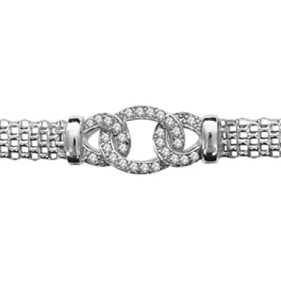 Bracelet en argent rhodié chaîne maille milanaise avec au milieu 3 maillons ornés d'oxydes blancs sertis - longueur 16cm + 2cm de rallonge